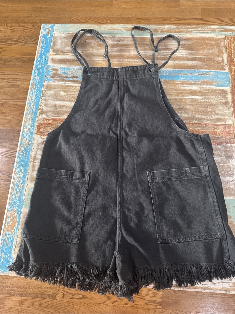 Aerie Black Denim Frayed-Hem Overall Shorts